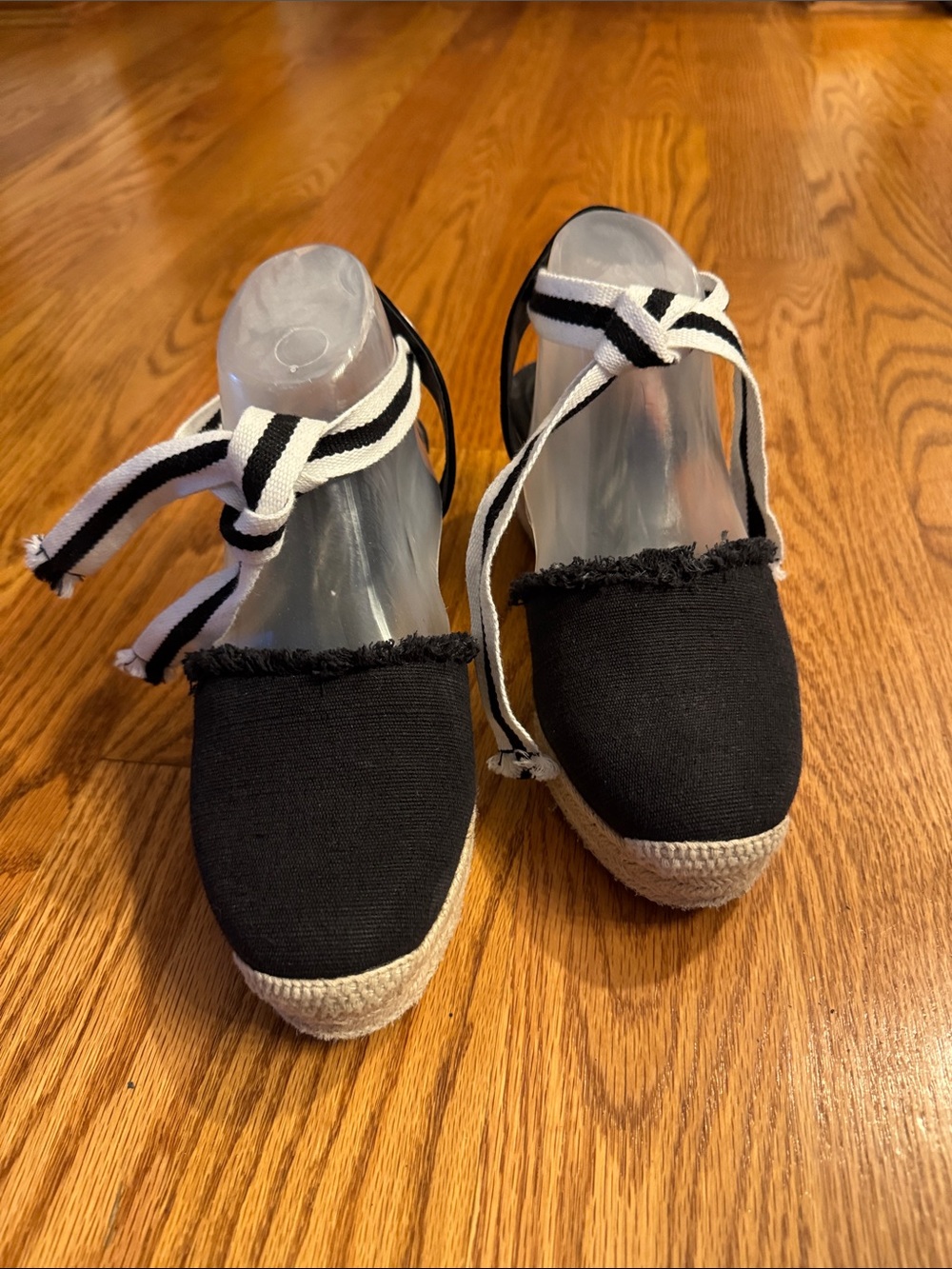 Sole Society Black Espadrille Wedge with Striped Tie-Ankle
